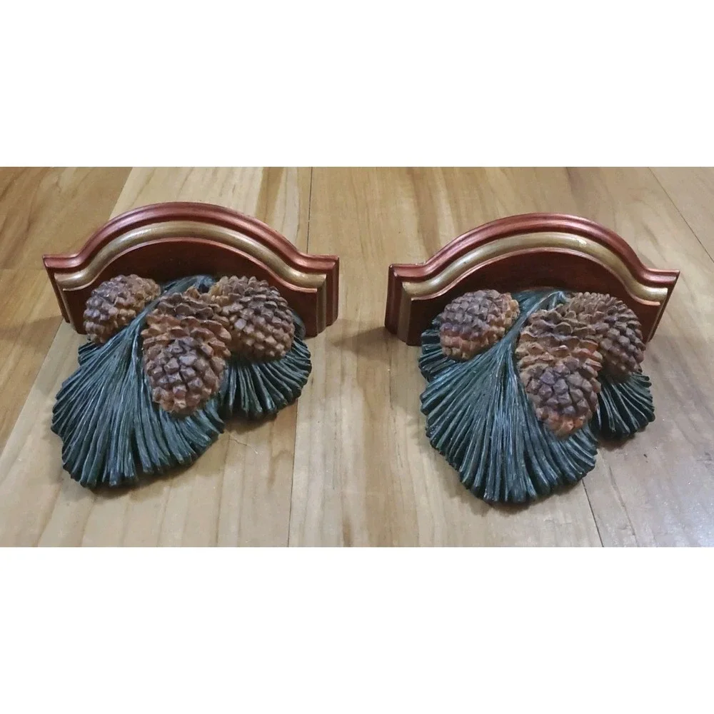 Vintage Pinecone & Needle Wall Sconce Display Shelves Set Woodland Forest Cabin